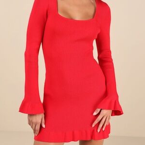 Lulus Cozy Outlook Red Long Sleeve Sweater Mini Dress - Size M